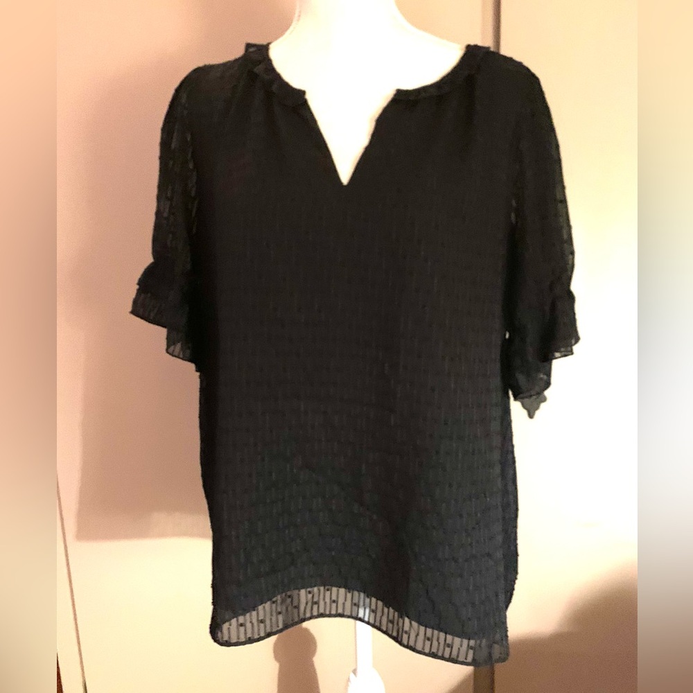 NWOT Kaari Blue Black Textured Ruffle-Sleeve Blouse - Picture 2 of 7